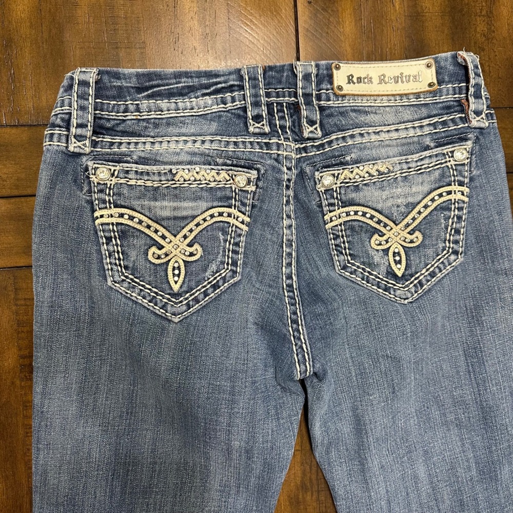 Rock Revival Irene Easy Boot Jeans Womens 27‎ Buckle Exclusive Distressed Blue